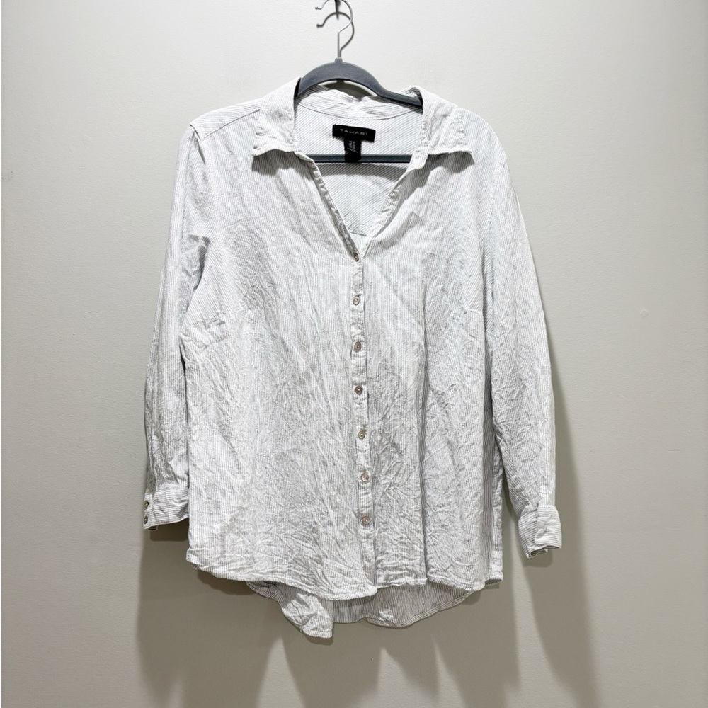 Tahari White Blue Casual Button-Down Shirt Linen Blend Lagenlook Size 1X